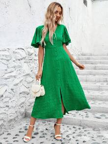 SHEIN Clasi Women Solid Texture V-Neck Flutter Sleeve Belted Summer Women Maxi Green Dress - Green - View 5