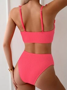 SHEIN Swim Women Summer Beach Fashionable Bikini Set With Ruffle Trim - Watermelon Pink - View 2