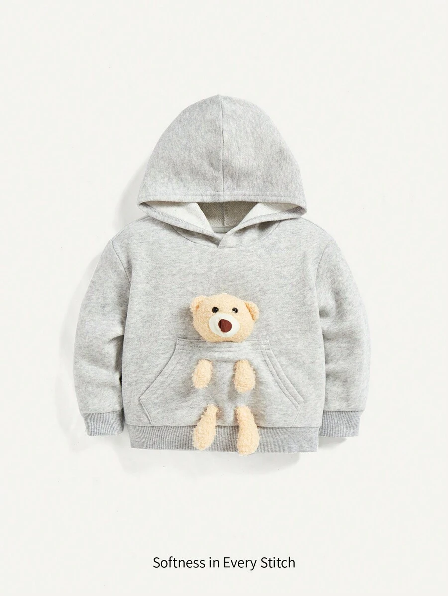 Cozy Pixies Baby Boy 3D Bear Decor Kangaroo Pocket Sweatshirt - Light Grey - View 1