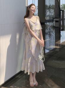 DAZY Women's Spaghetti Strap Sleeveless Ruffle Hem Chiffon Dress Sundress - Purple - View 2