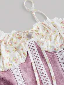 SHEIN MOD Denim-Effect And Ditsy Floral Printed Patchwork Lace-Up Bustier Cami Top - Pink - View 3