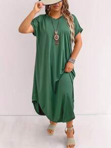 SHEIN LUNE Kích thước lớn NỮ Mùa hè Màu thuần Cổ chữ V Ngắn tay Lỏng lẻo Đầm - Màu xanh lá cây đậm - Xem 4