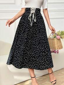 Modelyn Women Waist Tied Polka Dot Printed Skirt, Simple & Elegant - Black - View 1