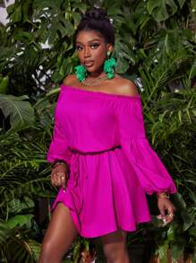 Slaydiva New Short Off Shoulder Lantern Sleeve Solid Color Dress With Drawstring Waist And Pocket Details - S