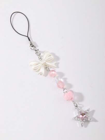 Kawaii Y2k Sweet Pink Bowknot Shaped Heart & Star Pendant Phone / Bag Hanging Strap, Diy Summer Gift