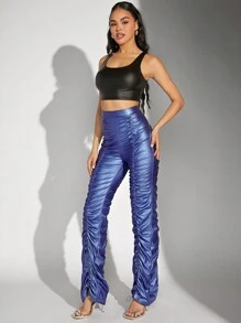 Hauture Hose Mit Metallico-look, Rüschen Und Kordelzug - Blau - Übersicht 6