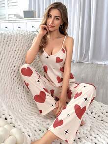 Women Heart Printed Camisole And Long Pants Pajama Set
