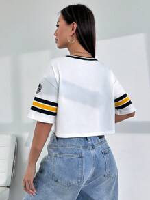 StreetHx Áo thun thể thao giải trí ngắn có gân màu tương phản thời trang dành cho nữ - Đen và trắng - Xem 2