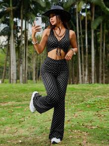 SHEIN EZwear 夏季黑白波點圖案拉繩前短上衣及喇叭褲修身套裝 - 黑與白 - 查看 3