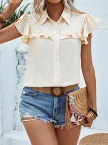Breezaya Women Summer Solid Color Patchwork Ruffle Cap Sleeve Loose Casual Shirt - Apricot - View 4
