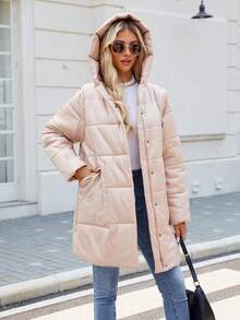 Giacca imbottita con cappuccio casual da donna con tasche, giacca trapuntata leggera imbottita per uso quotidiano in primavera/autunno/inverno - Champagne - Visualizzare 6