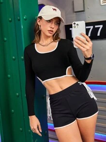 SHEIN Sports Áo dài tay ngắn khoét eo & viền tương phản - màu đen - Xem 5