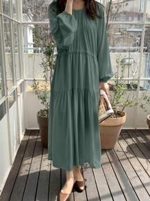 DAZY Women Round Neck Solid Color Loose Mid-Length Dress,Ruffle,Fall Women Clothes