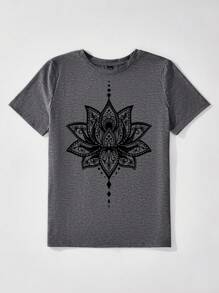 EMERY ROSE 休闲莲花图案圆领短袖修身女式T恤套头衫，棉混纺面料，适合外出休闲穿着。 - 深灰色 - 查看 3