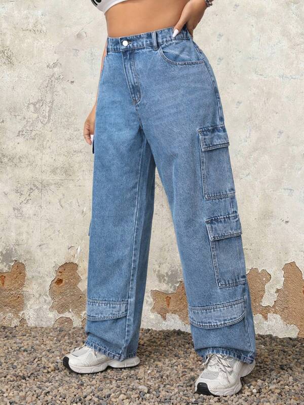 SHEIN ICON Plus Size Loose Workwear Denim Pants For Summer Daily Wear
