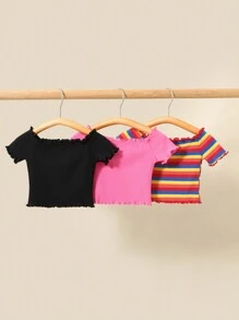 可愛女嬰 3 件/套彩色條紋一字肩上衣 - 黑與白 - 查看 2