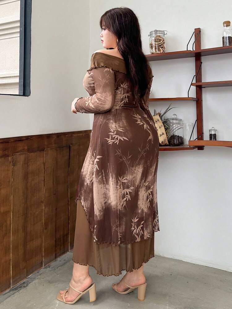 Dazy Plus Plus Size Elegant Off Shoulder Floral Pattern Slim Fit A-Line  Dress Fall,Casual Women Dresses Long Sleeve DressDAZY