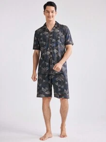 Men Casual Short Sleeve Top And Shorts Homewear Set (Short Sleeve Shorts)