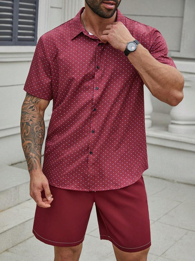 Men Plus Size All-Over Print Short Sleeve Shirt And Shorts Set, Summer