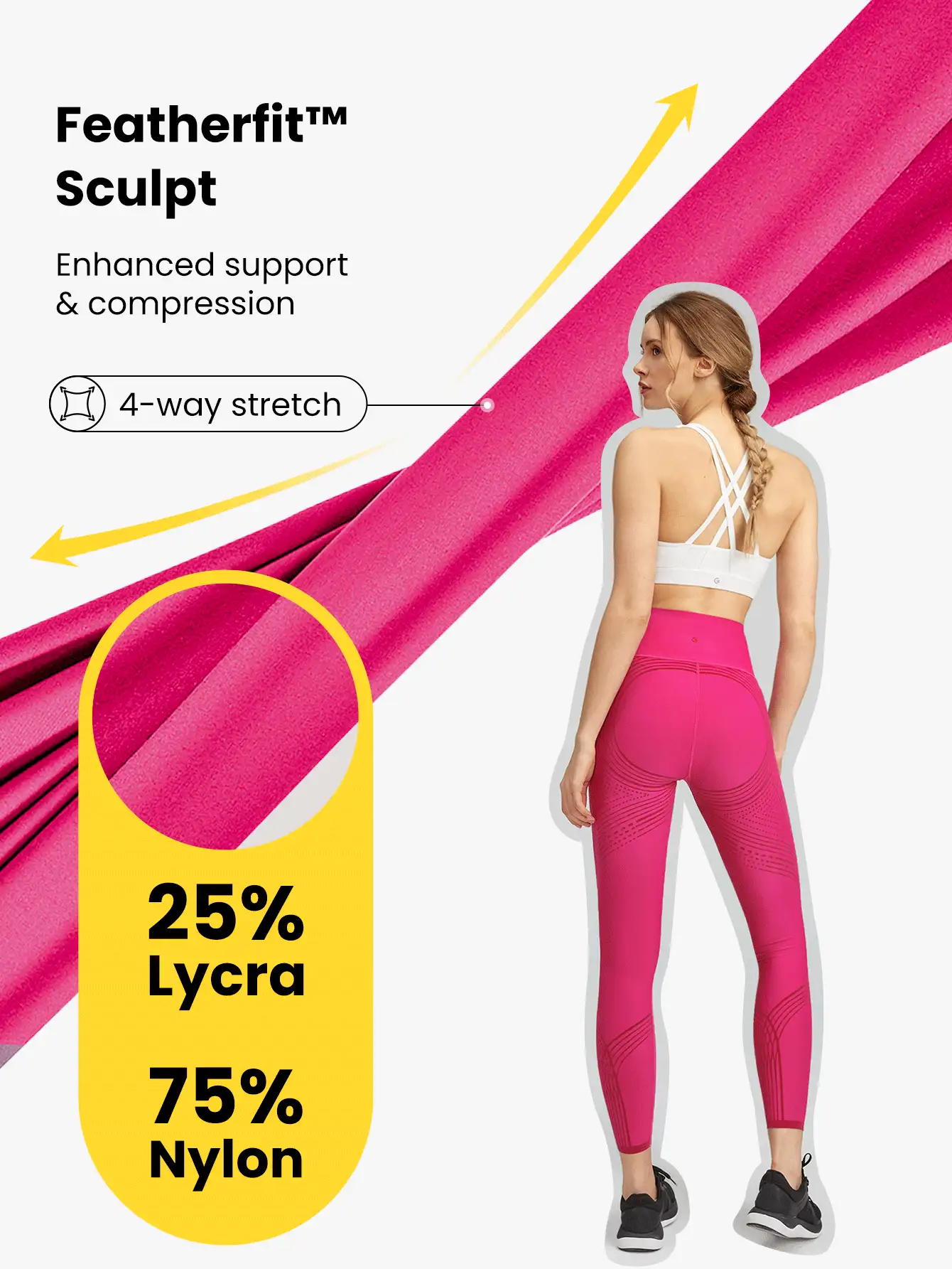 GLOWMODE 24" FeatherFit™-Sculpt 3D Tech Tummy Control Reversible Compression Leggings Medium Impact Jogging Gym Cycling - Tropical Pink - View 4