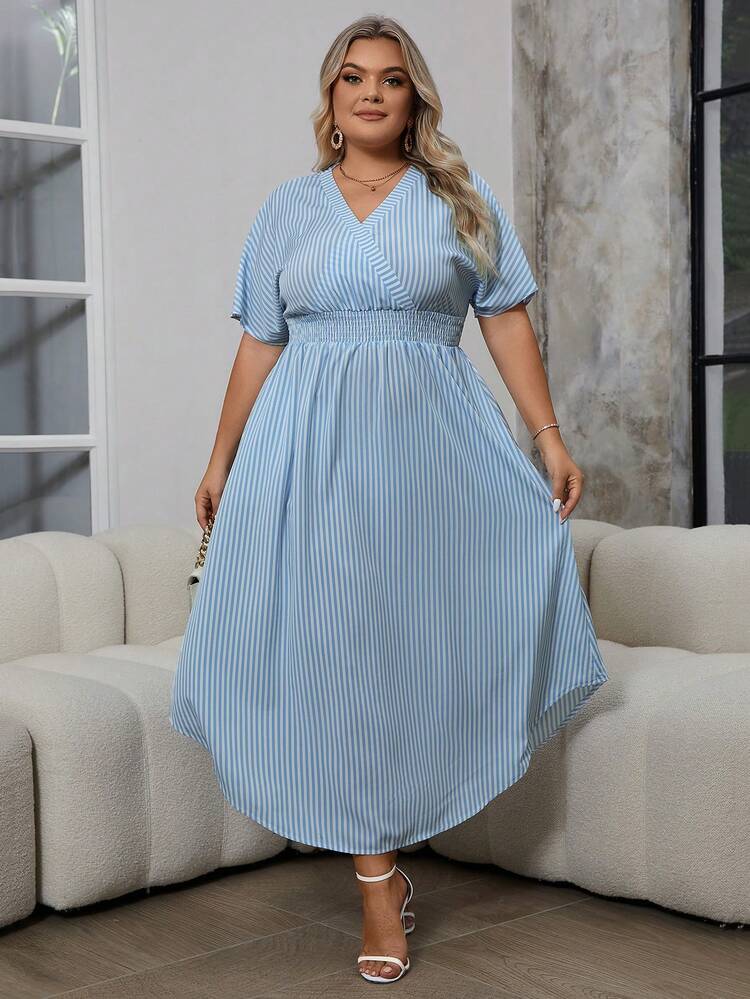 Plus Size Women Waist Cinched Striped V-Neck Summer Dress