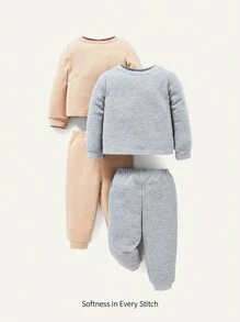 Cozy Pixies Baby Boy 2pcs Solid Pullover & 2pcs Sweatpants Matching Set - Light Grey - View 1