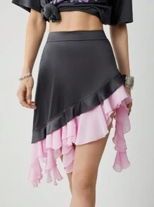 SHEINNeu Women's Summer Skirt With Chiffon Color Block Flounce Hem And Stylish Pleated Decoration.