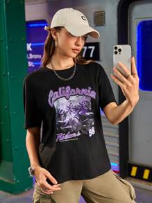 SHEIN Sports Women Summer Casual Loose Car And Letter Print Short Sleeve T-Shirt