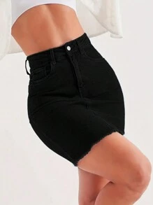 Form-Fitting High-Waist Fringe Trim Denim Skirt - Black - View 6