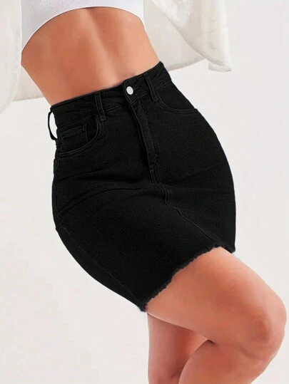 Form-Fitting High-Waist Fringe Trim Denim Skirt Casual Black Summer