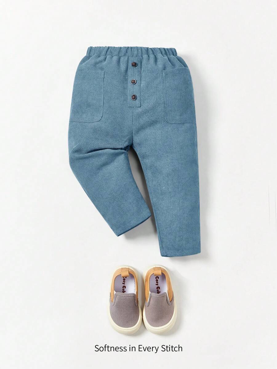 Cozy Pixies 男嬰前紐扣口袋貼布長褲 - 藍色 - 查看 1