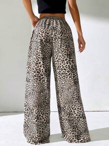 SHEIN EZwear Pantalones Largos Para Mujer Con Estampado De Leopardo Y Cordón De Ajuste