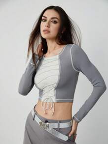 SHEINNeu SHEIINneu Women's Summer Outfits 
Long Sleeves With Contrasting Lace-Up Stitching
T-Shirt - Dark Grey - View 6