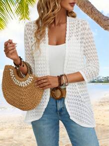 EMERY ROSE Women Spring And Summer Casual Regular Fit Hollow Out Open Front 3/4 Sleeve Jacket In Fall/Winter - White - View 1