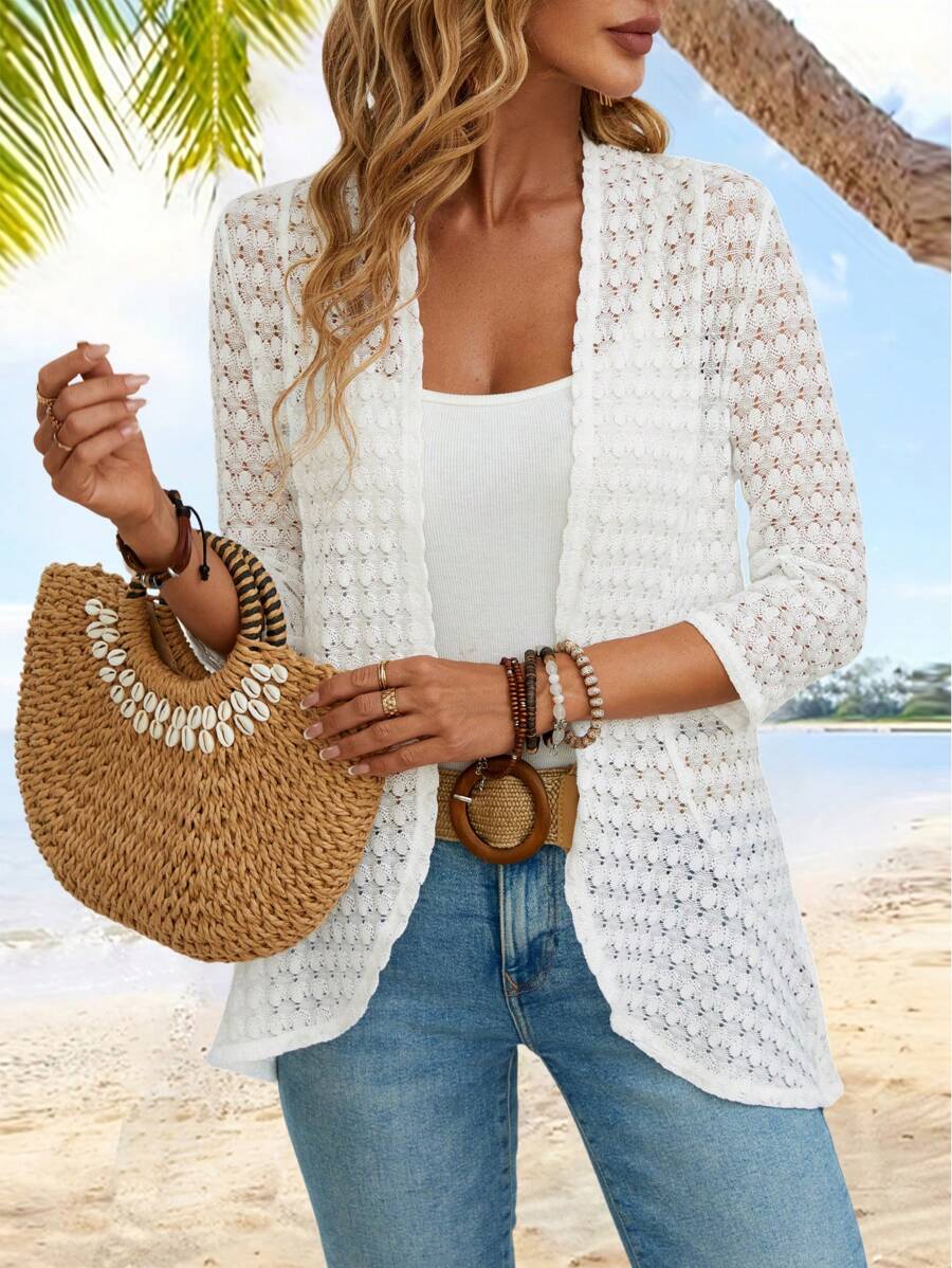 EMERY ROSE Women Spring And Summer Casual Regular Fit Hollow Out Open Front 3/4 Sleeve Jacket In Fall/Winter - White - View 1