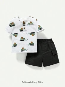 Cozy Pixies Baby Boy Cartoon Pattern Round Neck Sweater And Casual Shorts Set, Summer - Black - View 1