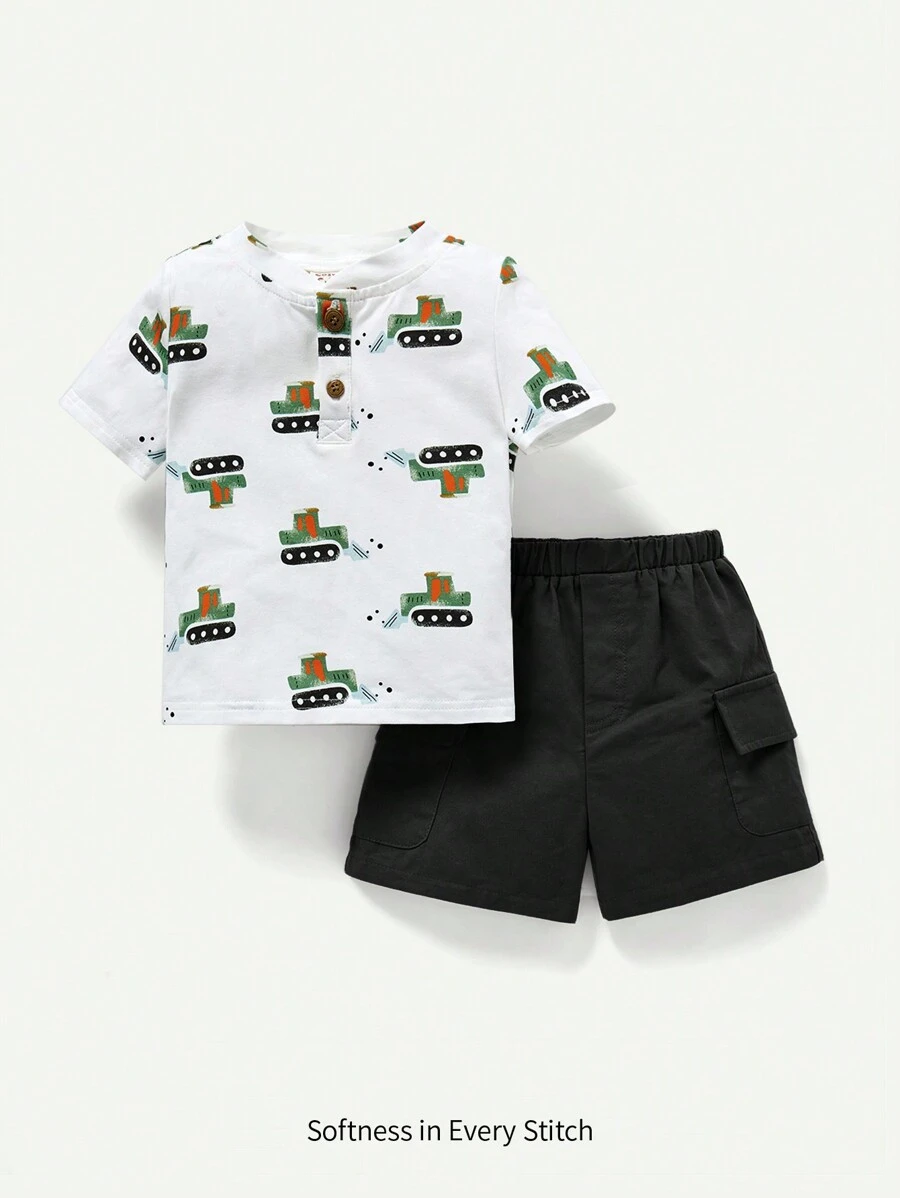 Cozy Pixies Baby Boy Cartoon Pattern Round Neck Sweater And Casual Shorts Set, Summer - Black - View 1