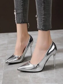女裝大尺碼銀色亮皮尖頭高跟細跟泵鞋,性感、時尚且奢華 - 銀色 - 查看 4