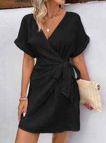 SHEIN VCAY Vestido de Mujer de unicolor con Cuello en V y Cinturón para Uso Diario en Primavera y Verano - Negro - Ver 4