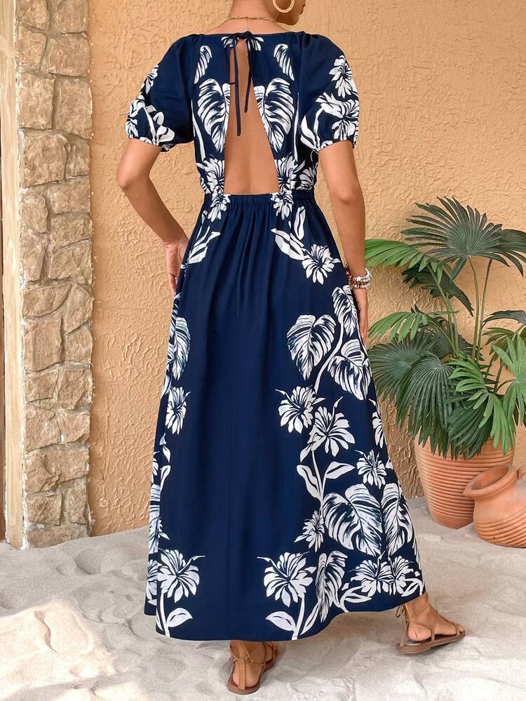 Women Vintage Hollow Out Plant Printed Dress