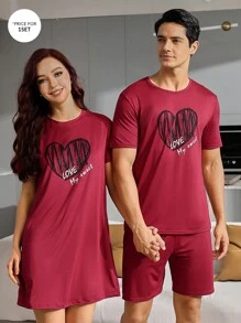 Casual Men's Homewear Set Printed With Line, Heart, And Letter Designs - Burgundy - View 1