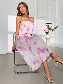 SHEIN Privé Bộ áo ba lỗ hoa và váy xếp li dành cho nữ, bằng vải xếp ly - Nhiều màu - Xem 6