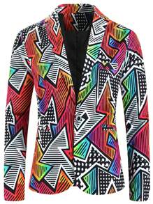 男士新款數字幾何條紋印花修身西裝外套，休閒西裝外套 - 彩色 - 查看 1