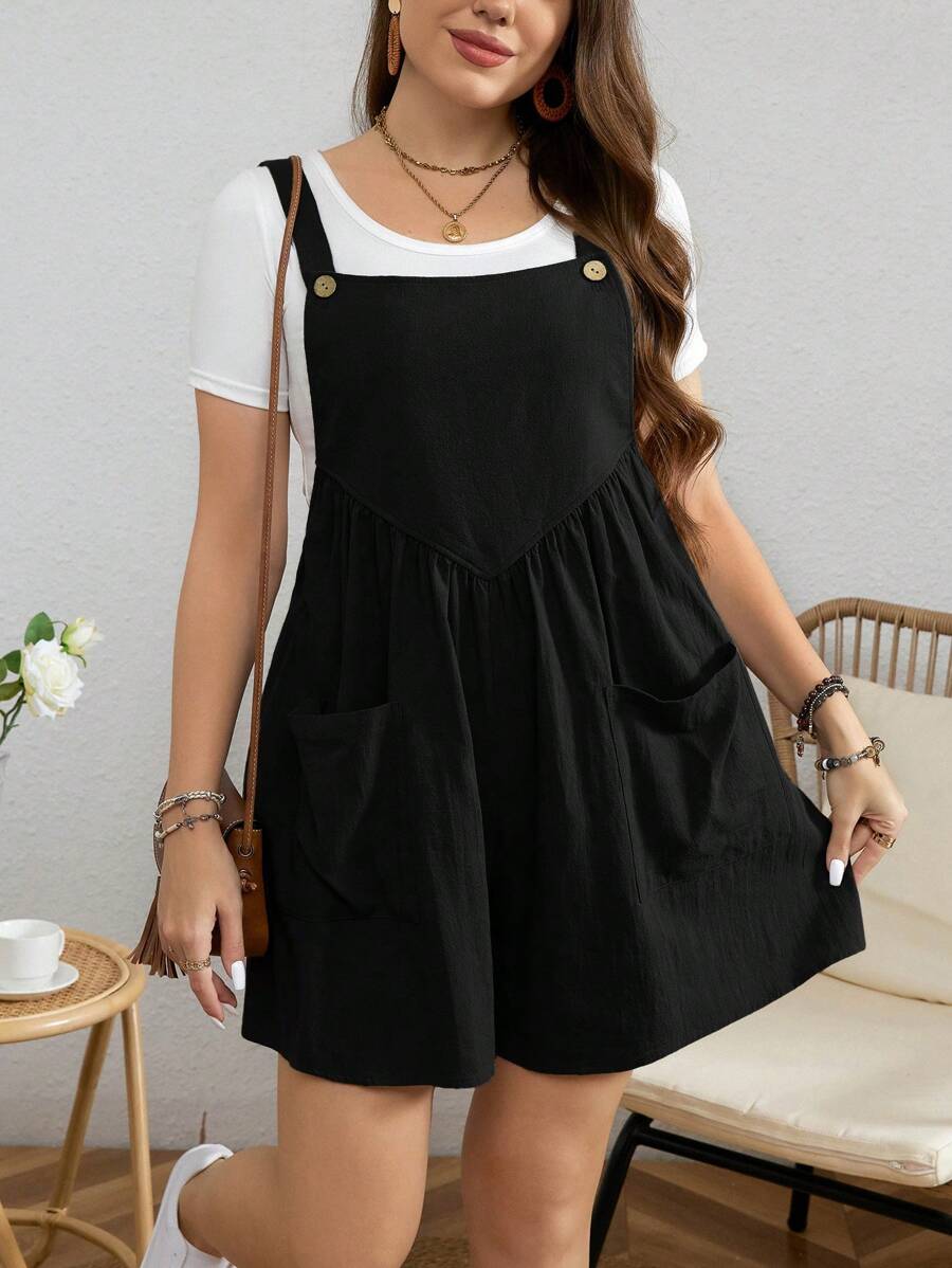 SHEIN LUNE Plus Size Summer Casual Solid Color Pleated Romper With Double Pockets