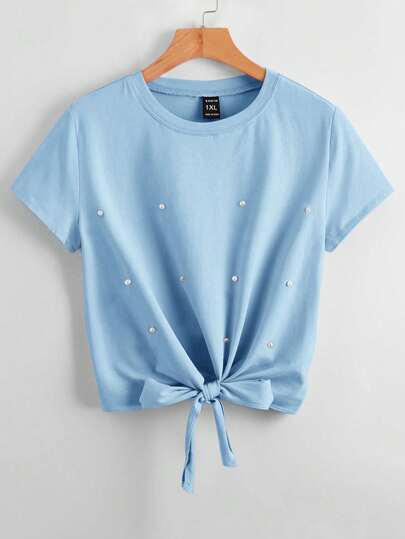 SHEIN LUNE Plus Size Faux Pearl Bowknot Hem Casual Summer T-Shirt