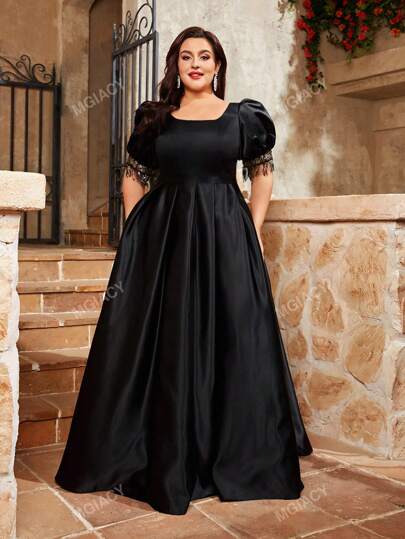 Plus Size Square Neckline Puff Sleeve Satin Fringe Glitter Dress Elegant Prom Semi Formal Wedding Guest Dress, For Birthday, Graduation, Homecoming Party Dress