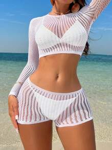 SHEIN Swim Summer Beach Ladies' Short Solid Color Round Neck Vacation Style Matching Long Sleeve Cover Up Top And Shorts Set