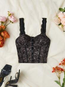 SHEIN Privé Women Romantic Sexy Lace Cami Top - Black - View 5