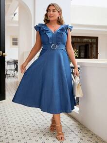 Simplee Plus Size Women's V-Neck Dress With Ruffle Trim, Wedding Guest Dress - Blue - View 4