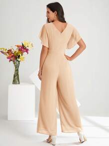 SHEIN Clasi 女式时尚纯色 V 领优雅不对称剪裁连体裤 - 卡其色 - 查看 2